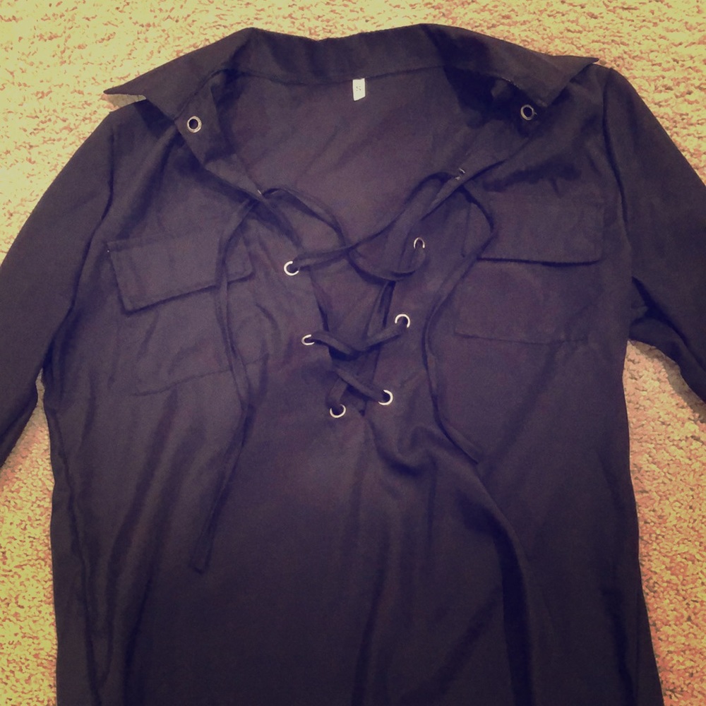 Lace up black collared shirt